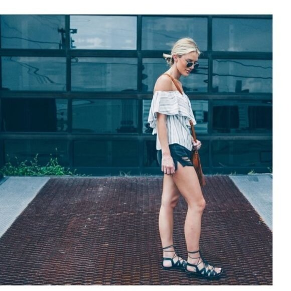 WAYF Blue White Pullover Striped Off the Shoulder Blouse Top Size XS Made in USA - Picture 3 of 16